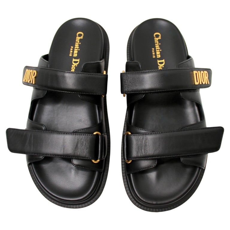 Christian Dior Black Dioract Lambskin Leather Velcro Slides 