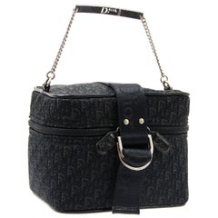 Christian Dior Black Fabric Patent Leather Top Handle Satchel Mini Vanity Bag