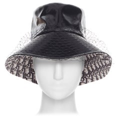 Used CHRISTIAN DIOR black faux leather net mesh trimmed monogram oblique bucket hat