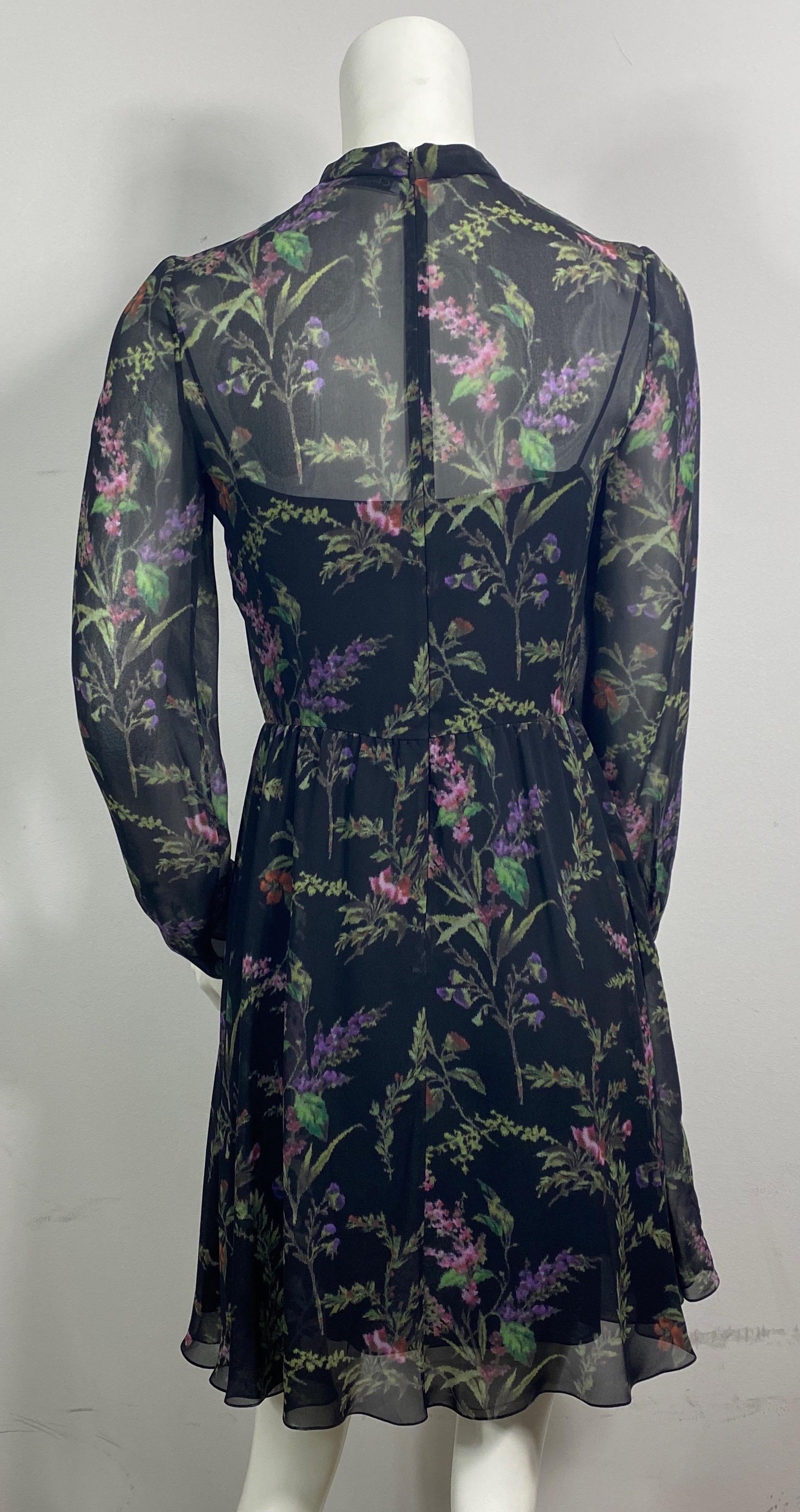 Christian Dior Black Floral Print Silk Chiffon Long Sleeve Dress - Size 36 For Sale 6