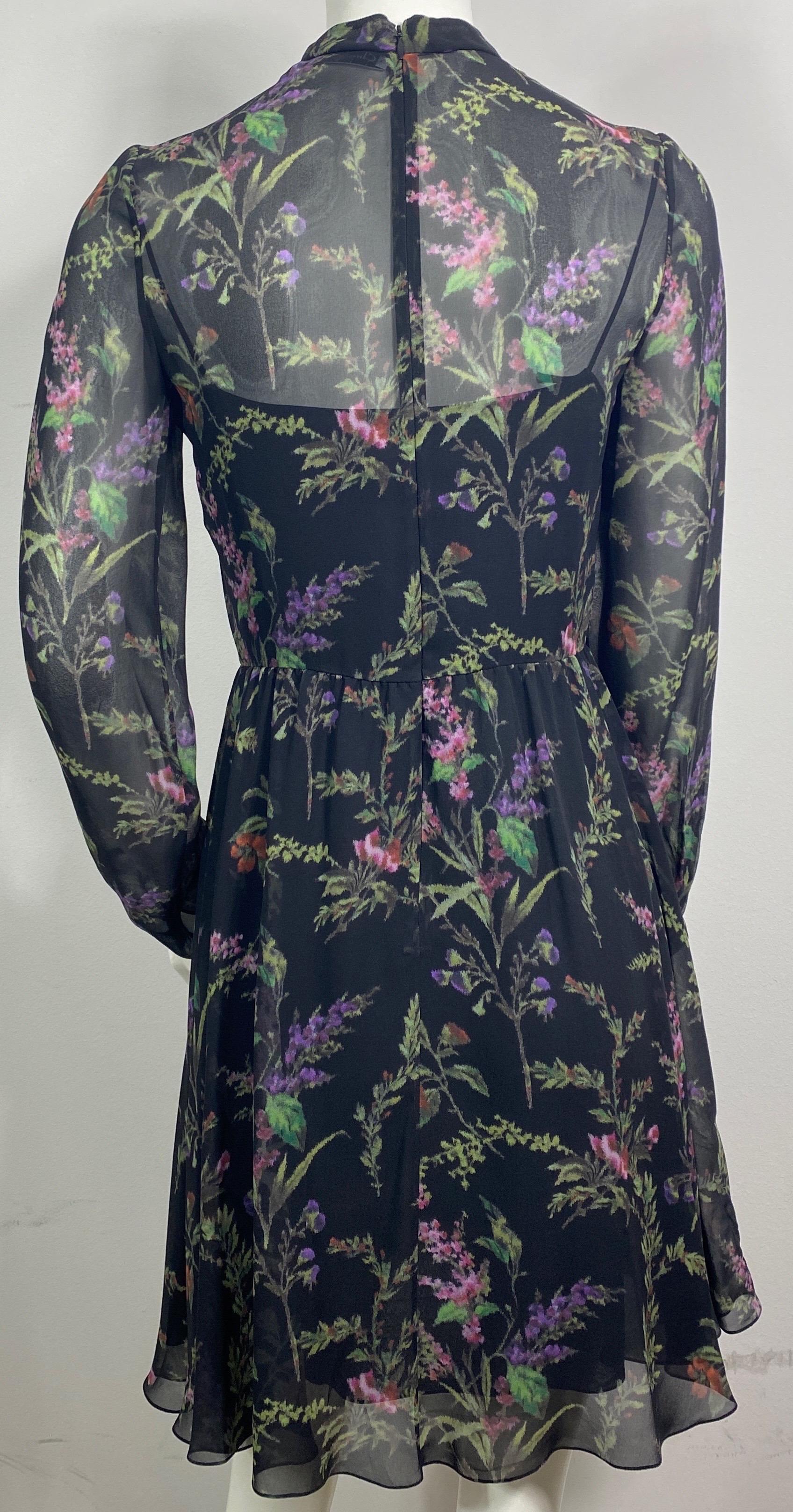 Christian Dior Black Floral Print Silk Chiffon Long Sleeve Dress - Size 36 For Sale 7
