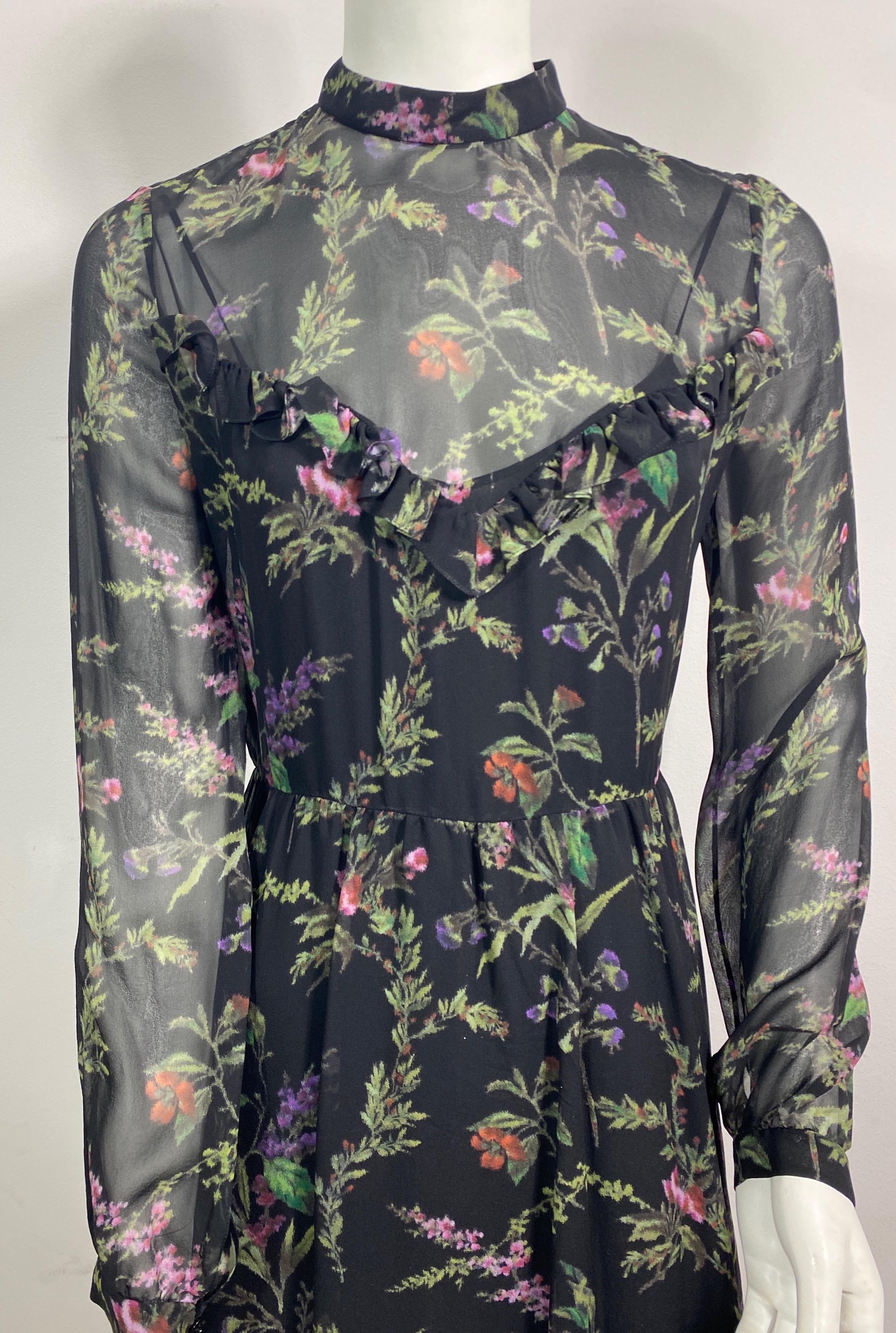 Christian Dior Black Floral Print Silk Chiffon Long Sleeve Dress - Size 36 In Excellent Condition For Sale In West Palm Beach, FL