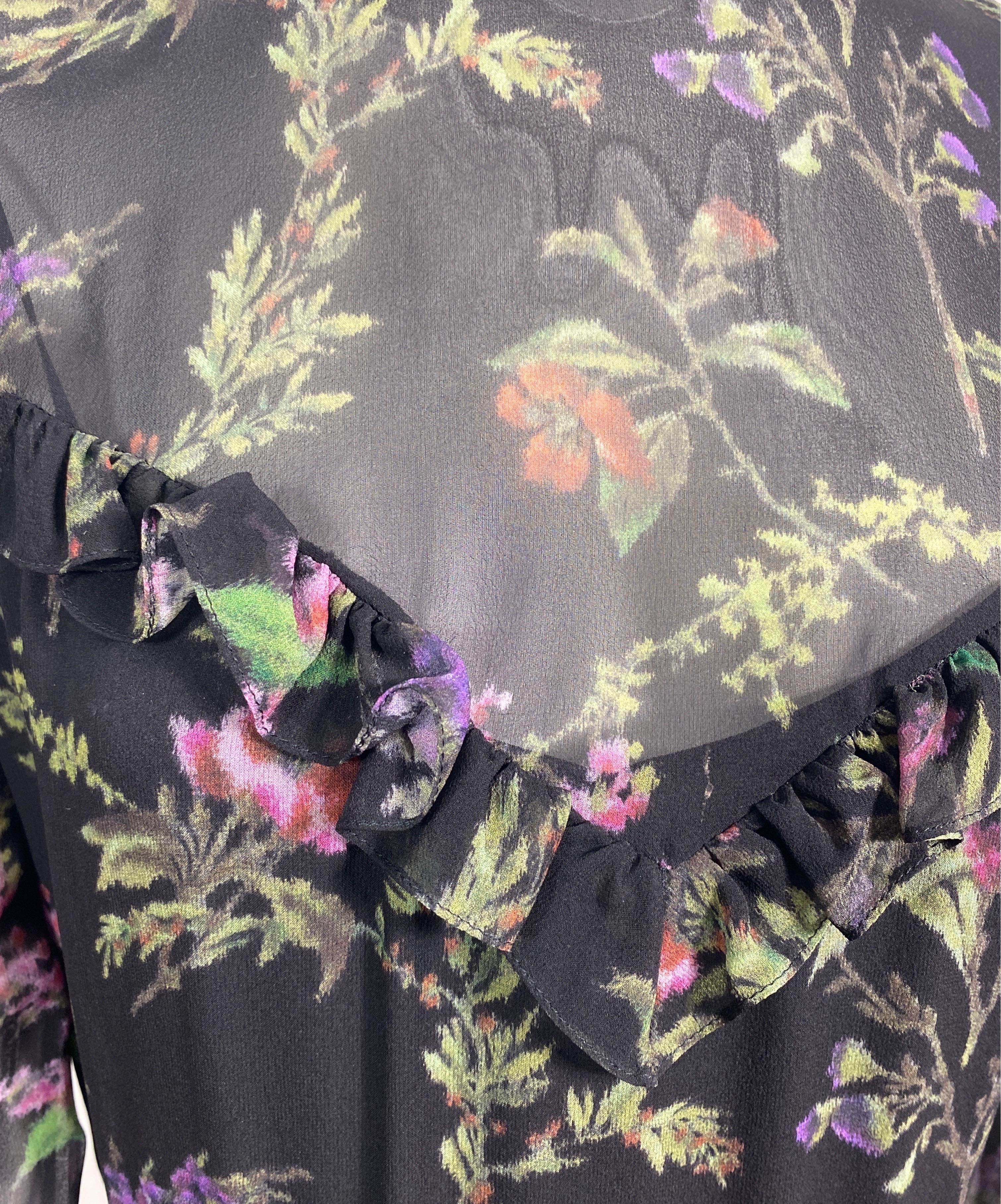 Robe à manches longues Christian Dior en mousseline de soie noire à imprimé floral - Taille 36 Pour femmes en vente