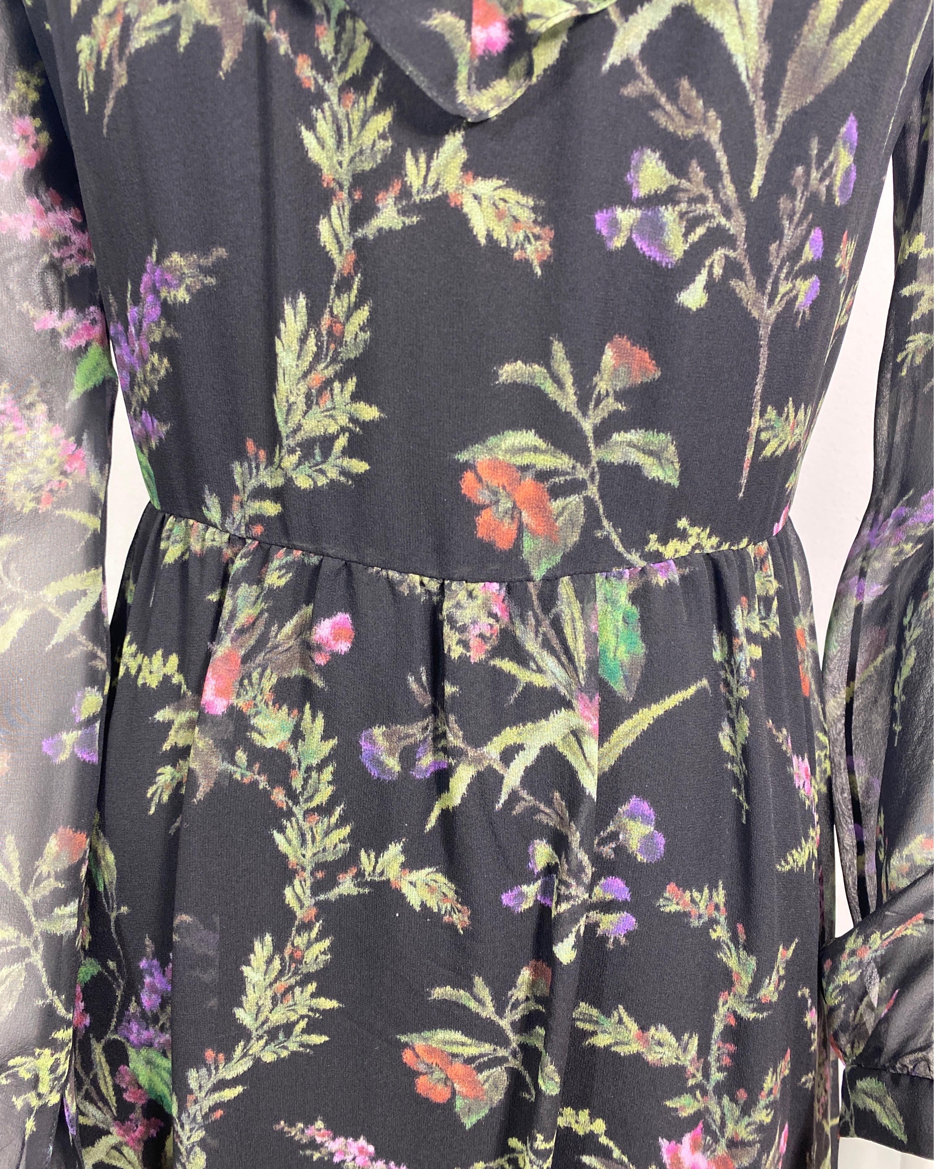 Christian Dior Black Floral Print Silk Chiffon Long Sleeve Dress - Size 36 For Sale 1