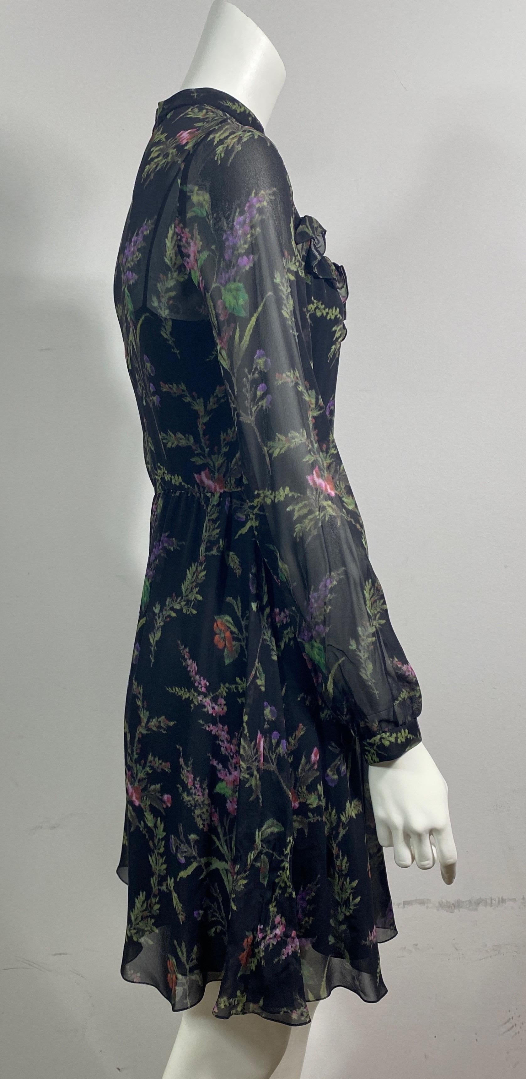 Christian Dior Black Floral Print Silk Chiffon Long Sleeve Dress - Size 36 For Sale 3