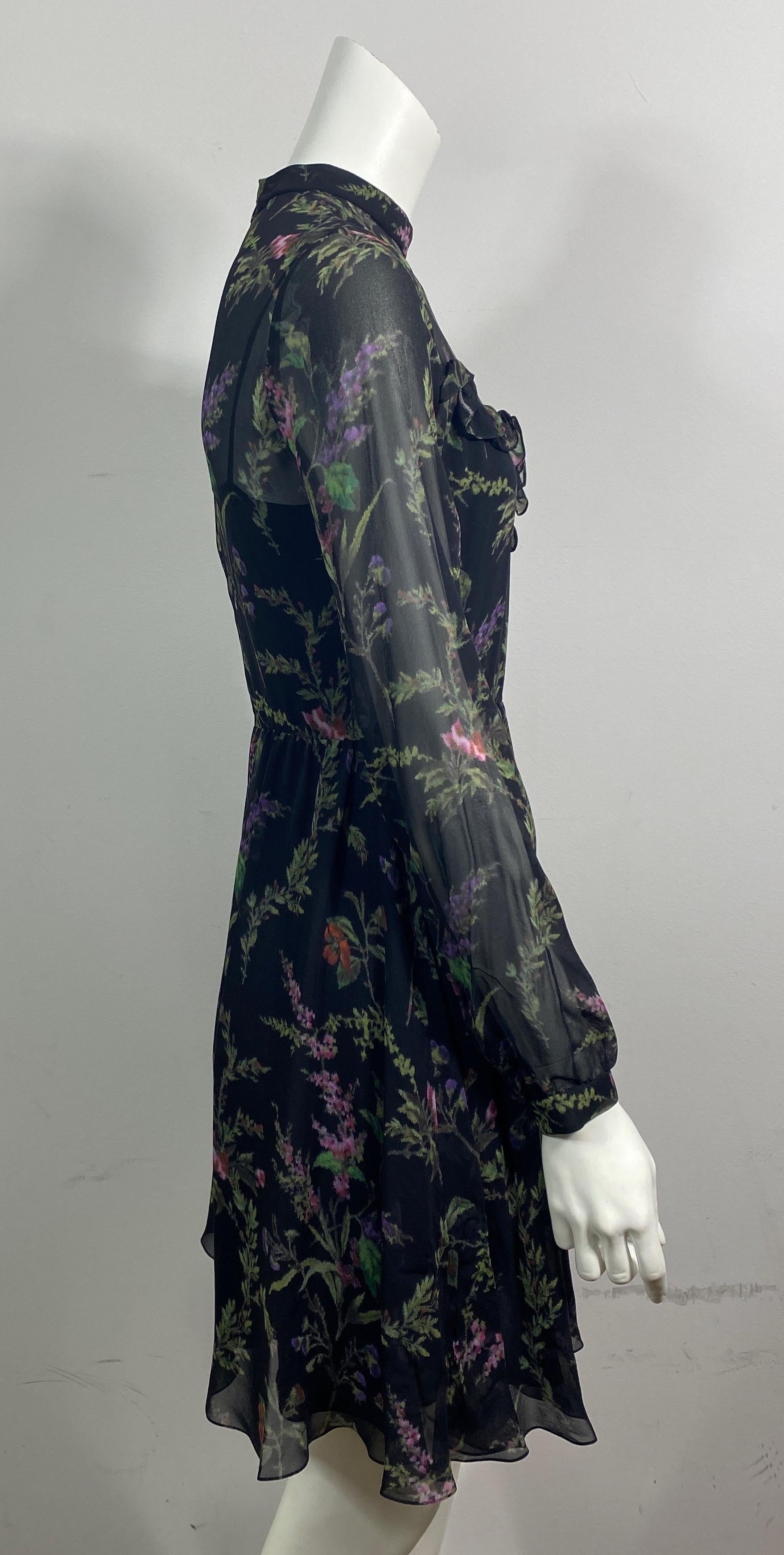 Christian Dior Black Floral Print Silk Chiffon Long Sleeve Dress - Size 36 For Sale 4