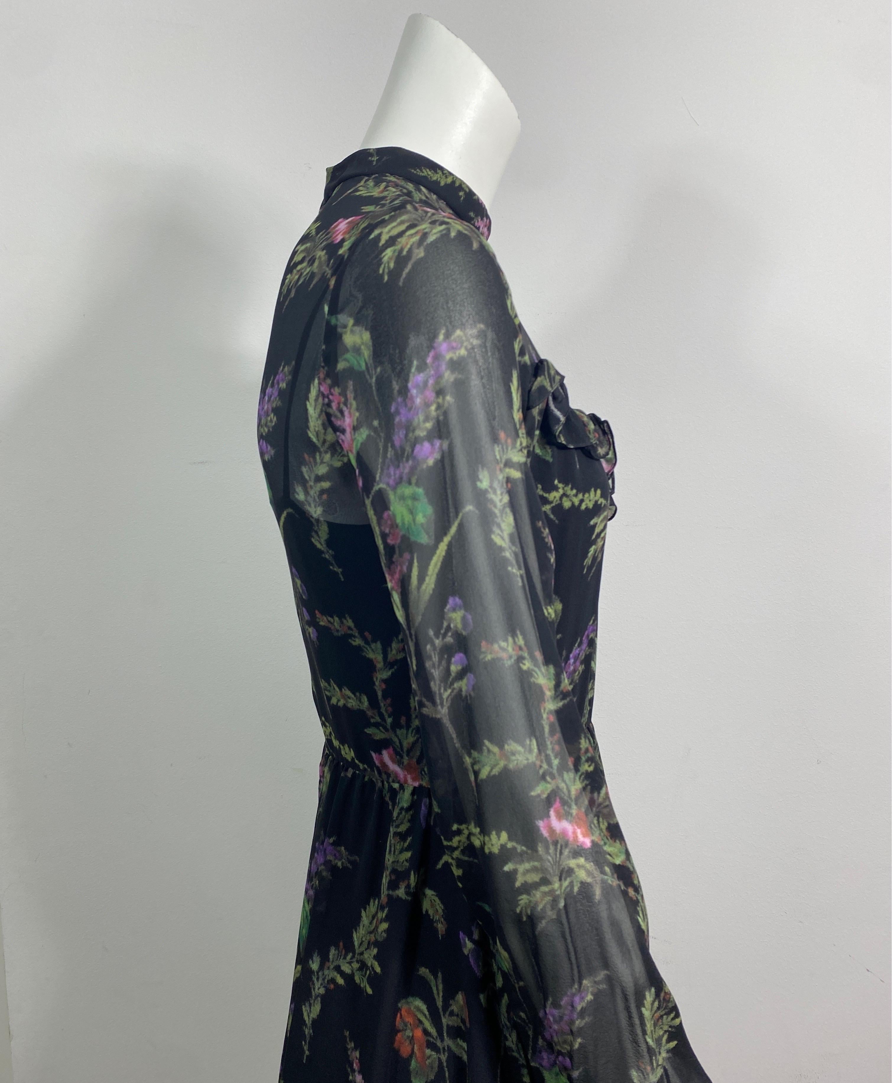 Christian Dior Black Floral Print Silk Chiffon Long Sleeve Dress - Size 36 For Sale 5