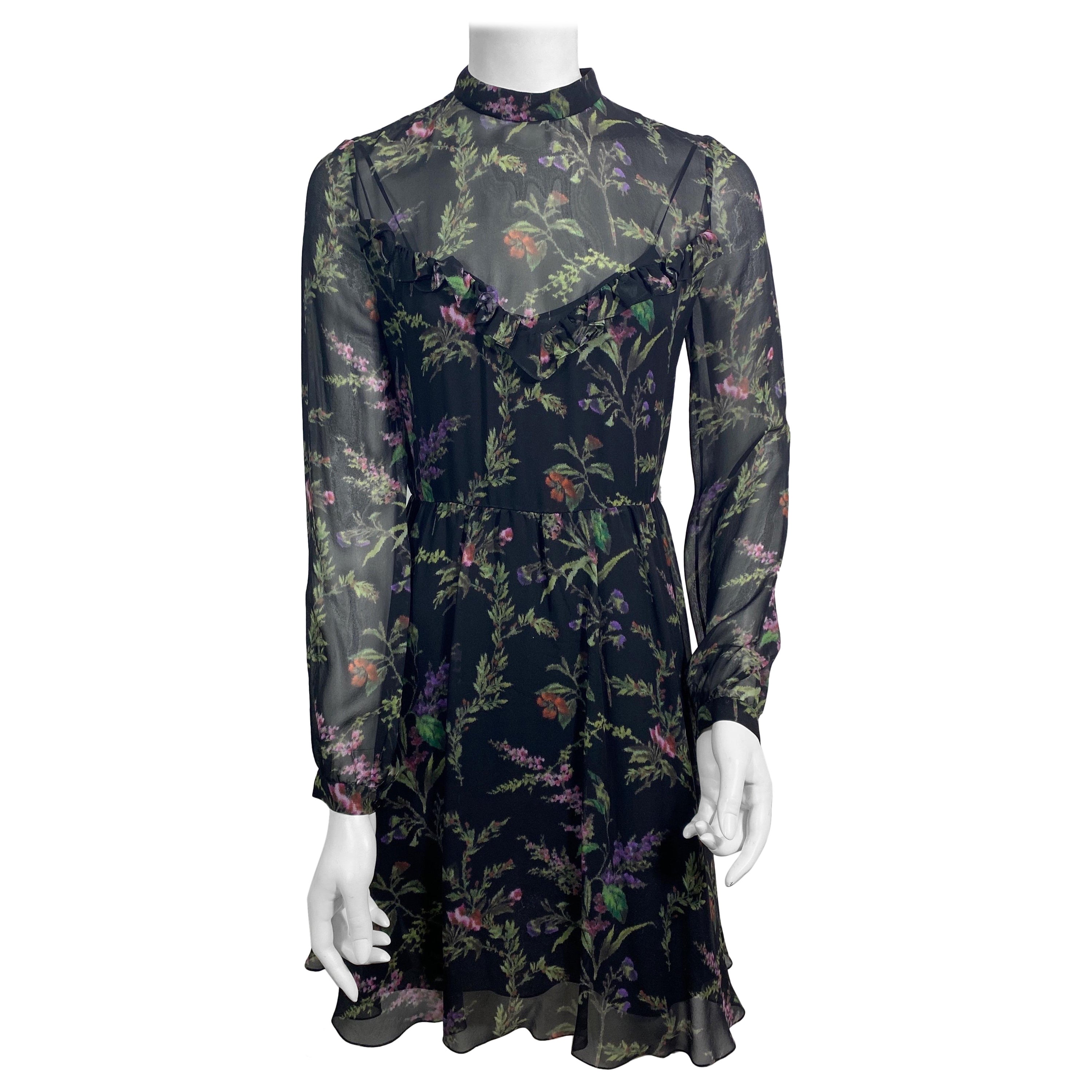Christian Dior Vestido de manga larga de gasa de seda con estampado floral negro - Talla 36