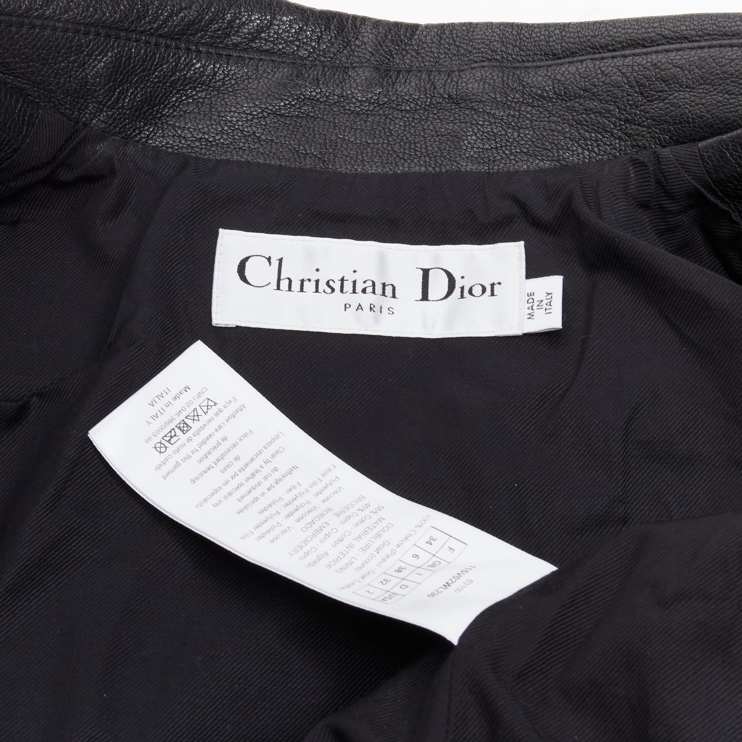 CHRISTIAN DIOR black goatskin leather bead embroidery back biker jacket FR34 XS For Sale 4