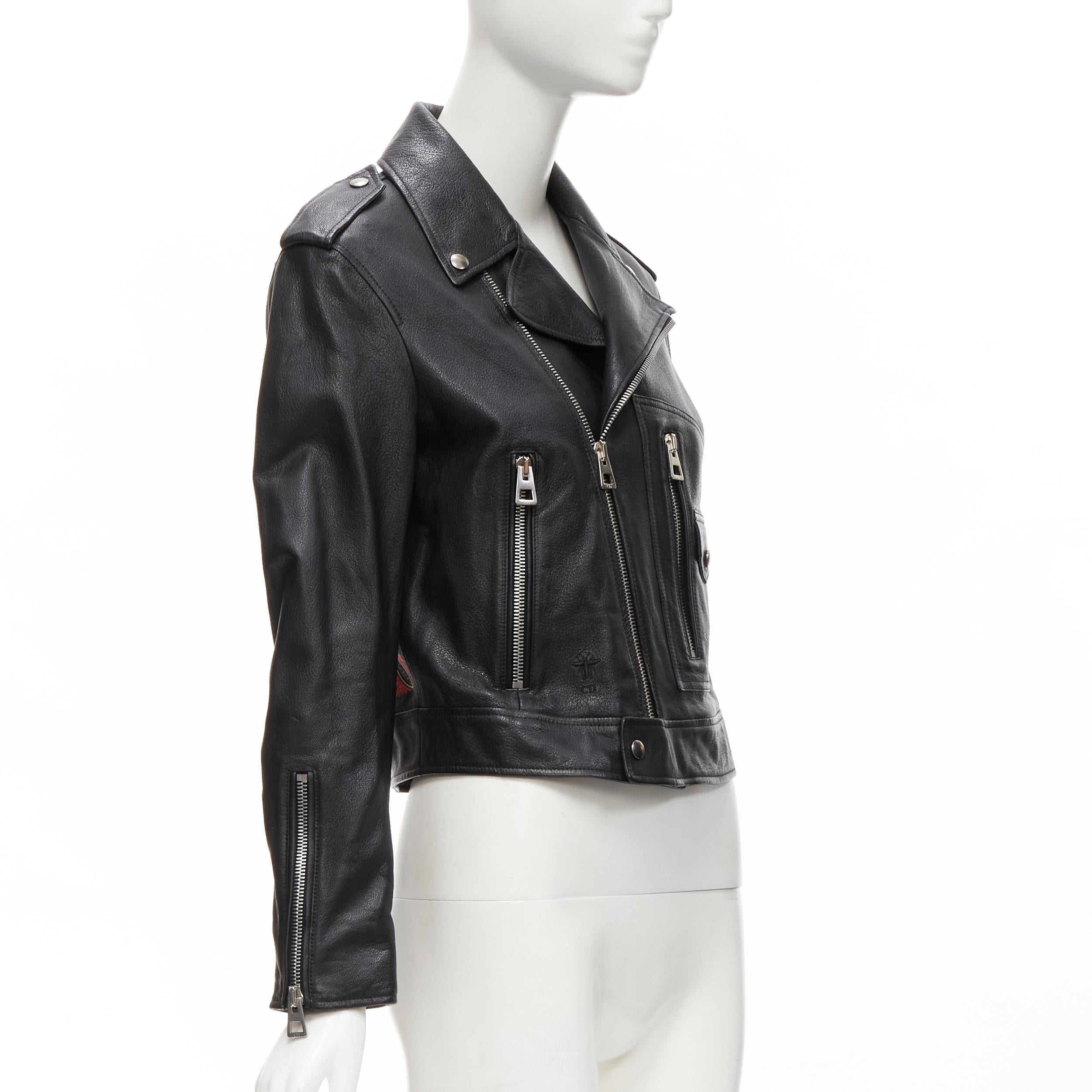 CHRISTIAN DIOR black goatskin leather bead embroidery back biker jacket FR34 XS In Excellent Condition For Sale In Hong Kong, NT