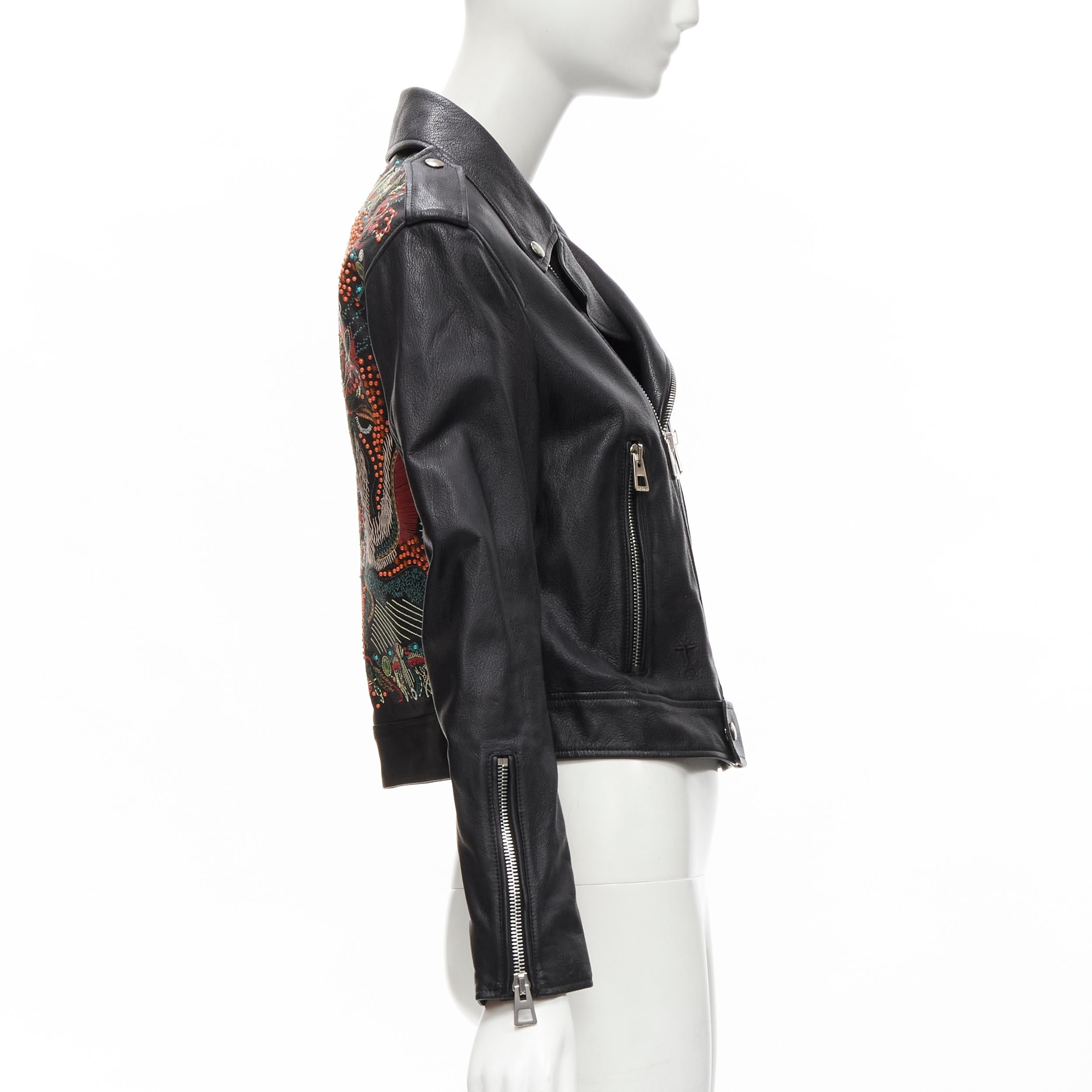 Women's CHRISTIAN DIOR black goatskin leather bead embroidery back biker jacket FR34 XS For Sale