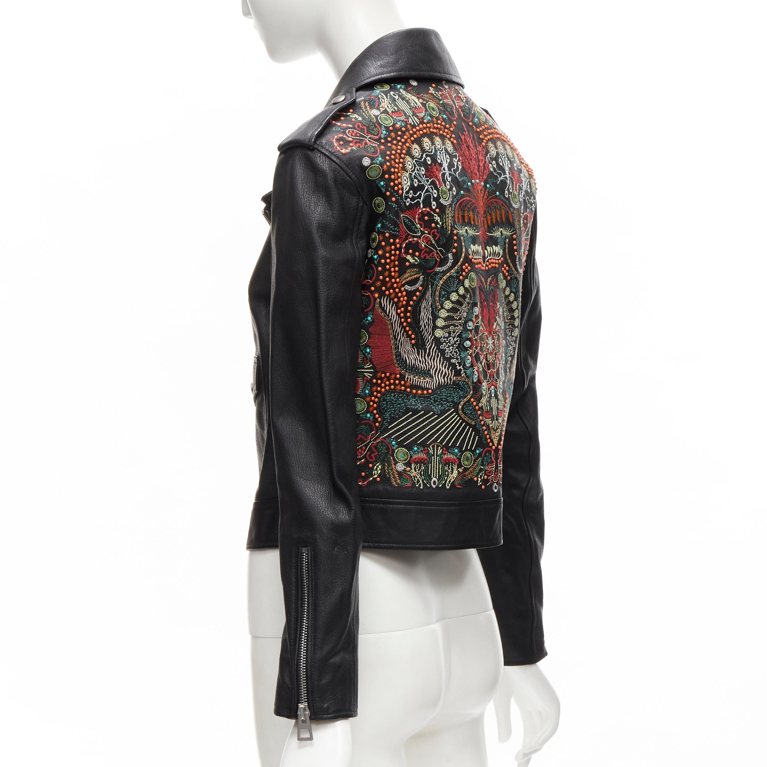 CHRISTIAN DIOR black goatskin leather bead embroidery back biker jacket FR34 XS For Sale 1