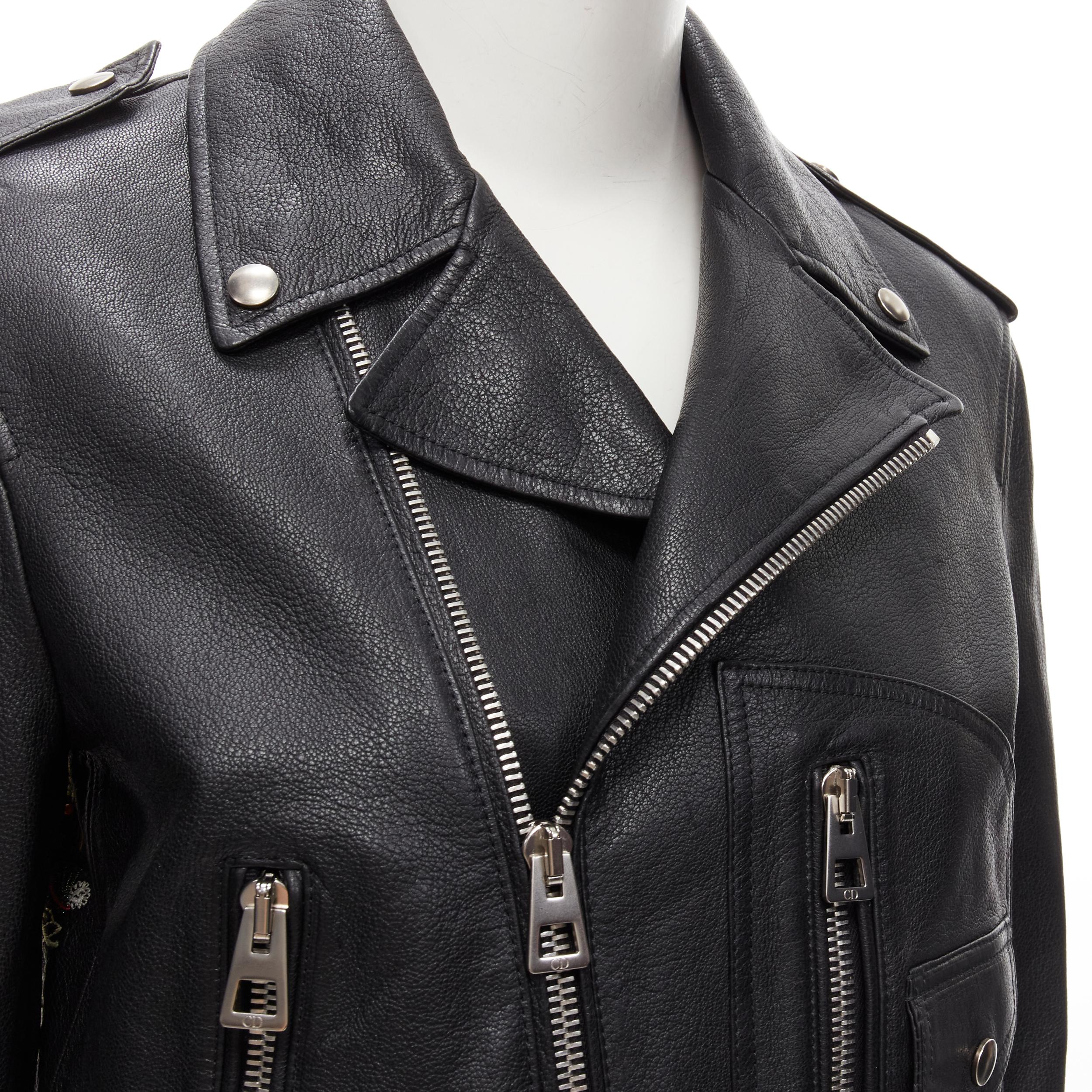CHRISTIAN DIOR black goatskin leather bead embroidery back biker jacket FR34 XS For Sale 2