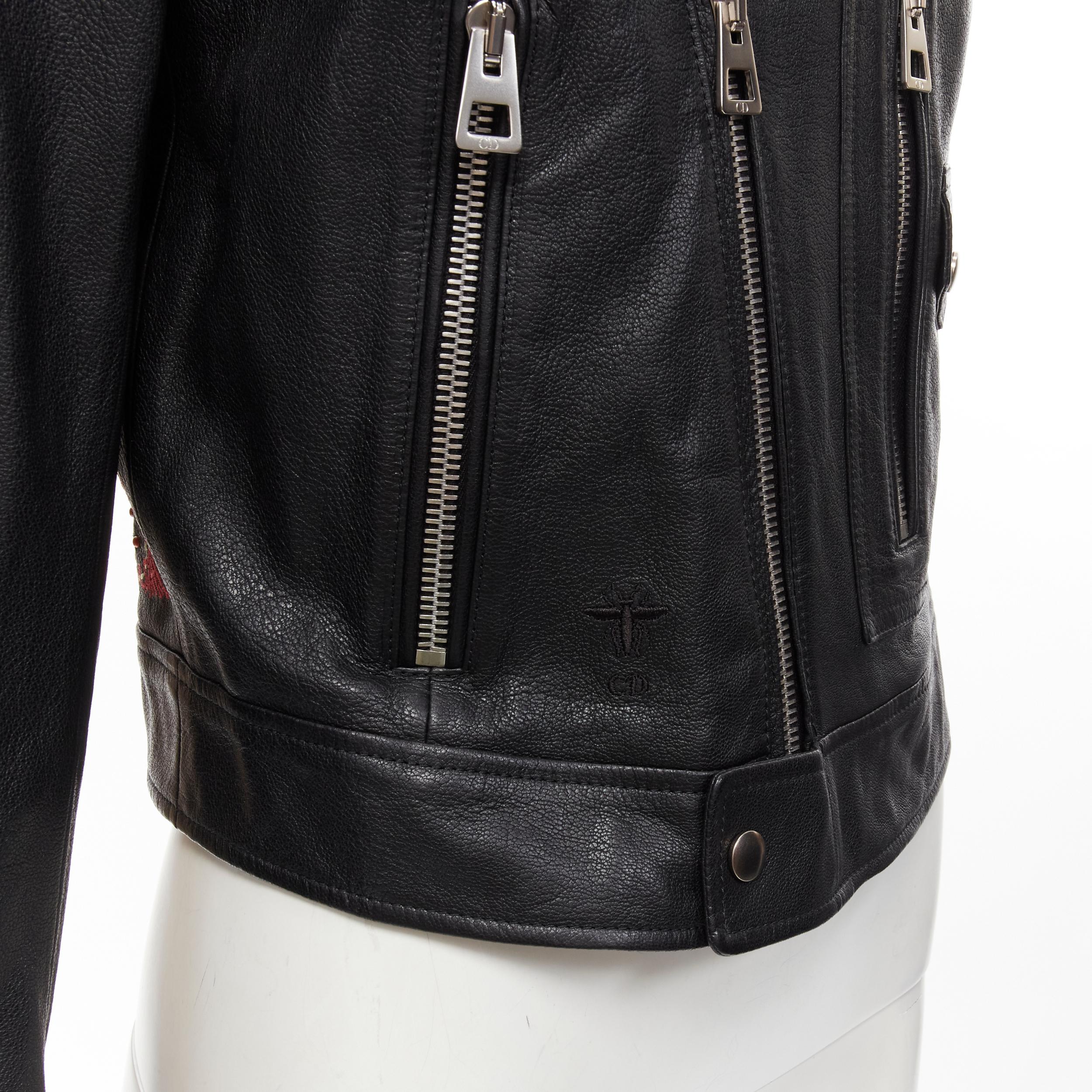 CHRISTIAN DIOR black goatskin leather bead embroidery back biker jacket FR34 XS For Sale 3