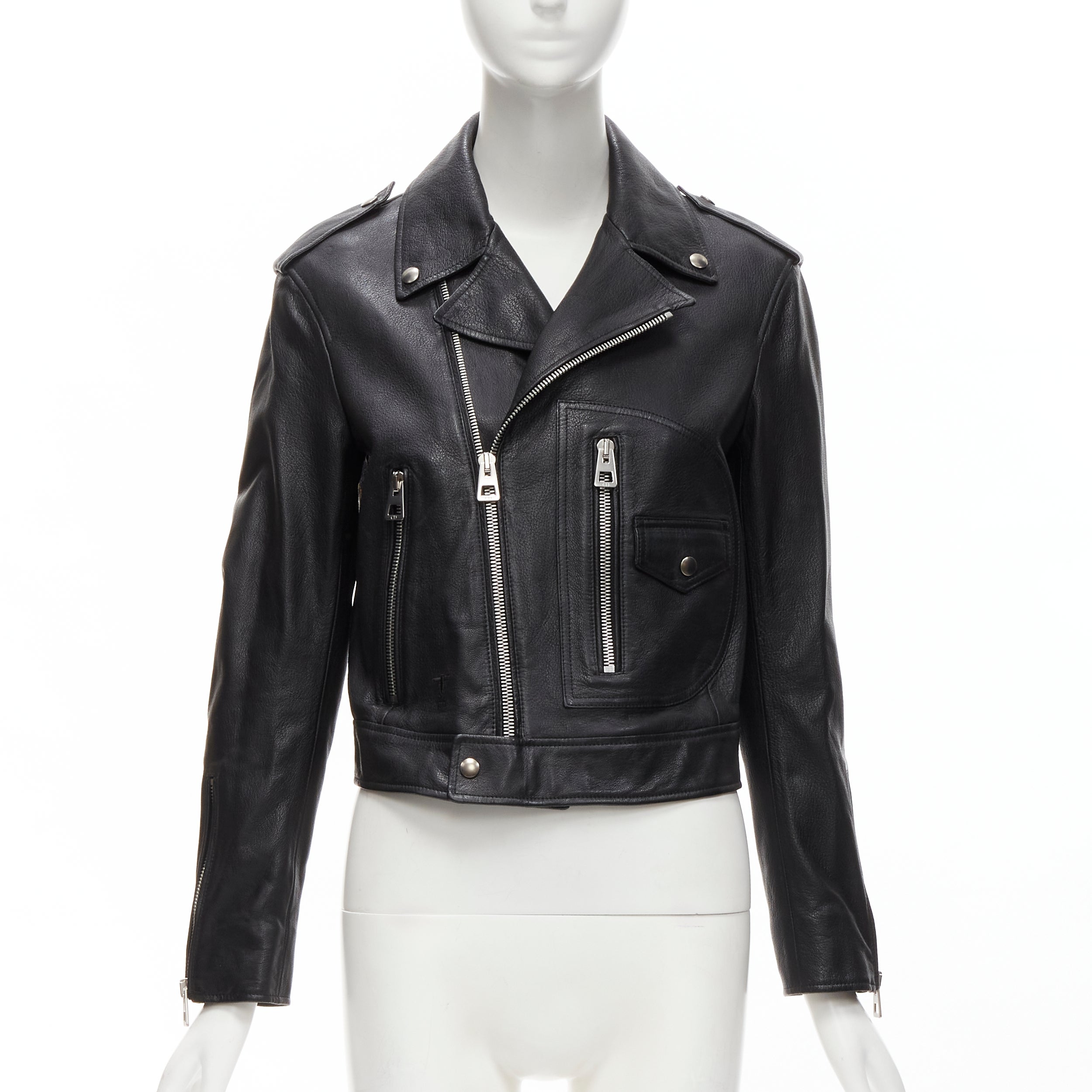 CHRISTIAN DIOR black goatskin leather bead embroidery back biker jacket FR34 XS For Sale
