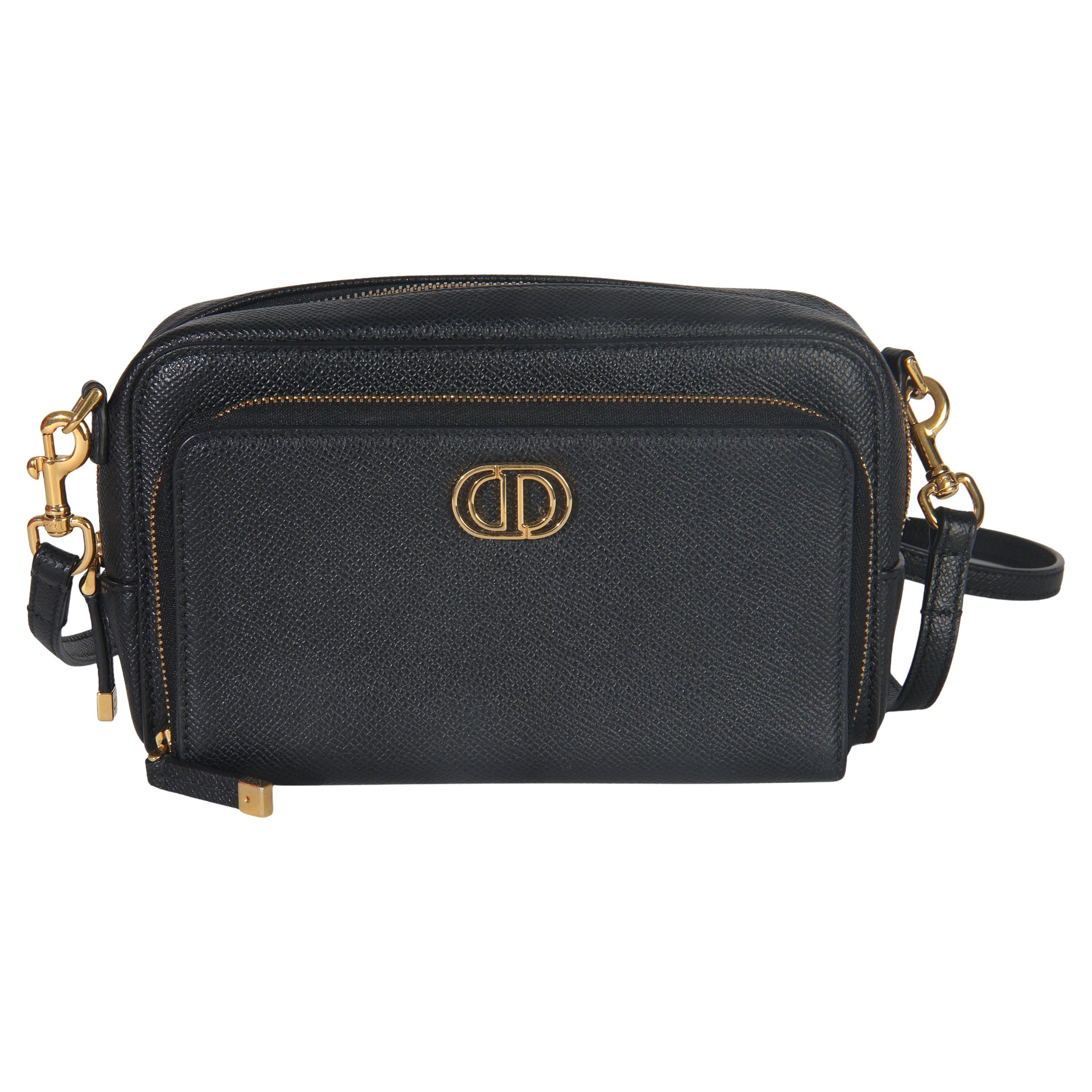 Christian Dior Double pochette Caro en cuir de veau grainé noir en vente