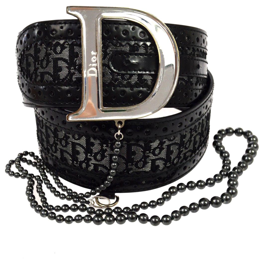Christian Dior Black Gray Monogram Patent Bead Logo Silver 'CD' Logo Waist Belt