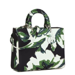 Christian Dior Black, Green & White Satin Canvas Graffiti Floral Lady Dior GM