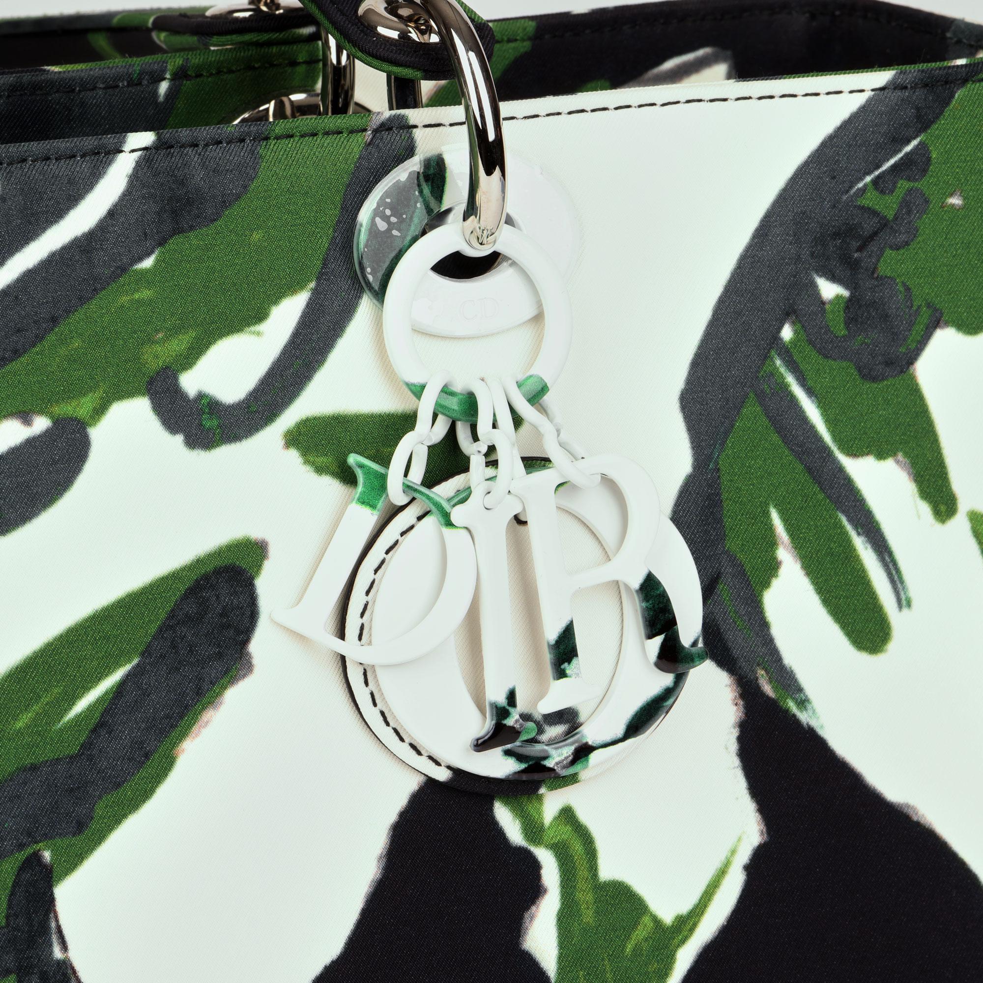 Women's Christian Dior Black, Green & White Satin Canvas Graffiti Floral Lady Dior GM