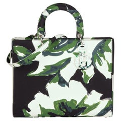 Christian Dior Black, Green & White Satin Canvas Graffiti Floral Lady Dior GM