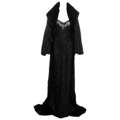 Vintage Christian Dior black jacquard evening fur coat and maxi dress, fw 1998