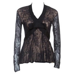 Christian Dior Black Lace Rib Trim Long Sleeve Top M