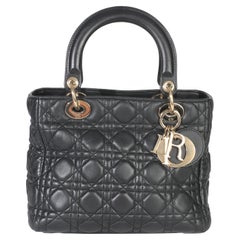 Christian Dior Black Lambskin Cannage Medium Lady Dior
