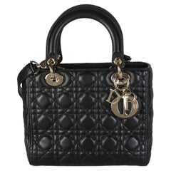 Christian Dior Black Lambskin Cannage Medium Lady Dior