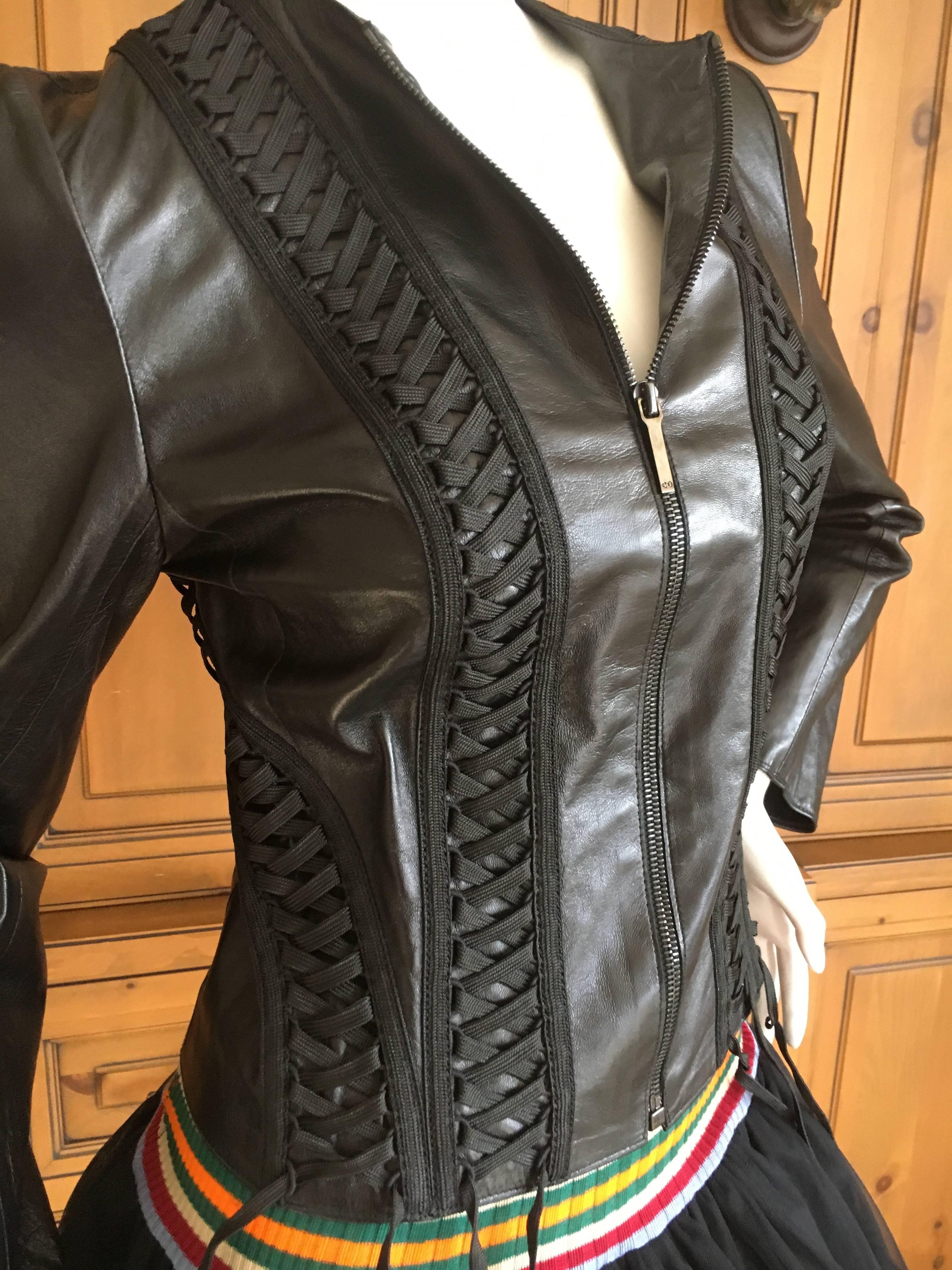 Christian Dior Black Lambskin Leather Corset Laced Moto Jacket by John Galliano In Excellent Condition In Cloverdale, CA