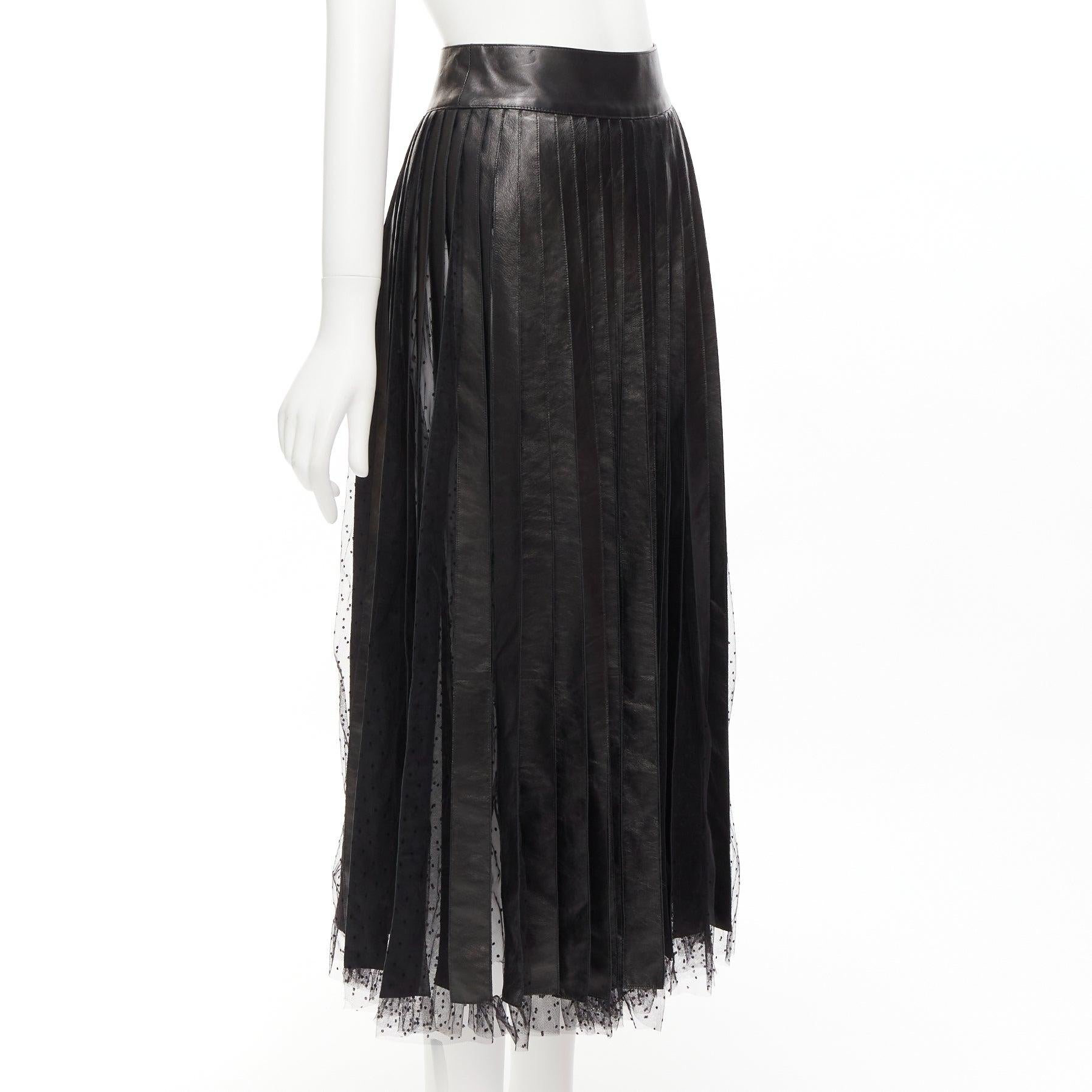 CHRISTIAN DIOR black lambskin leather polka dot lace tulle pleated skirt FR36 S In Good Condition For Sale In Hong Kong, NT