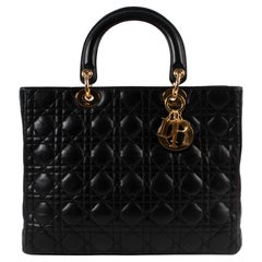 Christian Dior Black Large Lady Dior Cannage Lambskin Bag