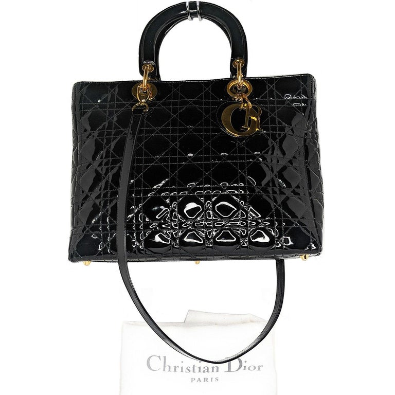 Christian Dior Black Large Patent Cannage Lady Dior Bag For Sale At 1stdibs