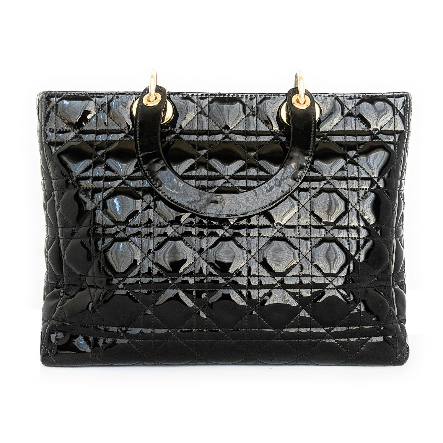 Christian Dior Black Large Patent Cannage Lady Dior Bag In Good Condition In Scottsdale, AZ
