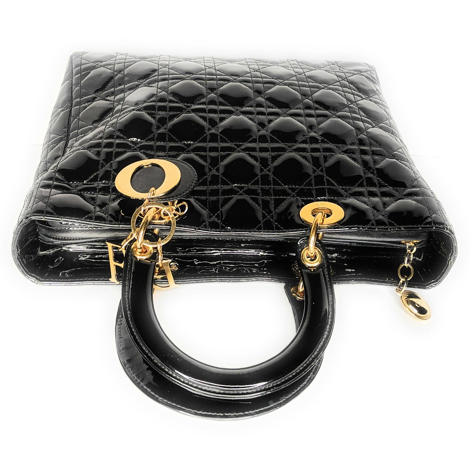 Women's Christian Dior Black Large Patent Cannage Lady Dior Bag