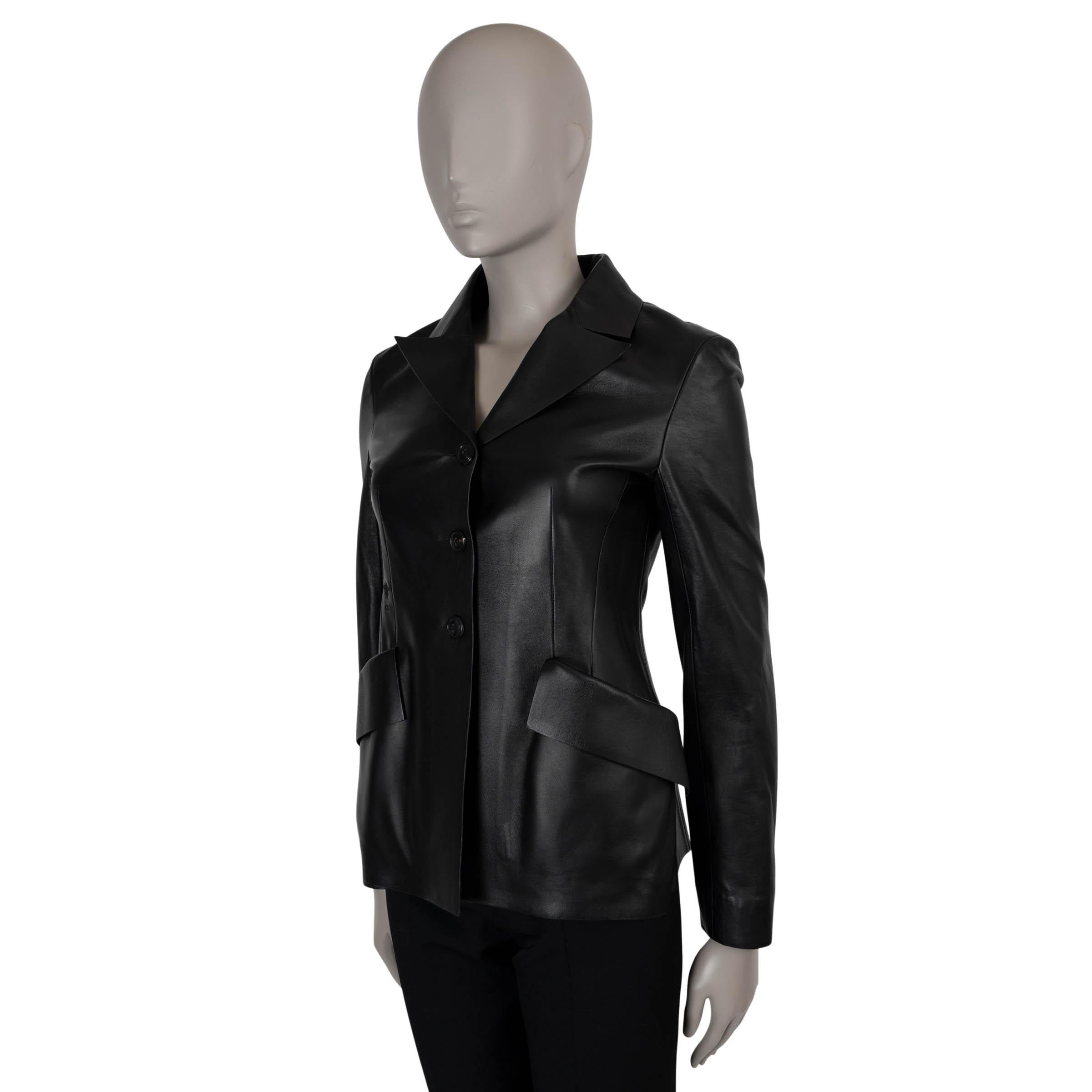 This 100% authentic Christian Dior Bar jacket in black lambskin leather is a luxurious take on the iconic design. Featuring a tailored silhouette, it is crafted to perfection with notched lapels, two elegant flap pockets, and an embroidered bee