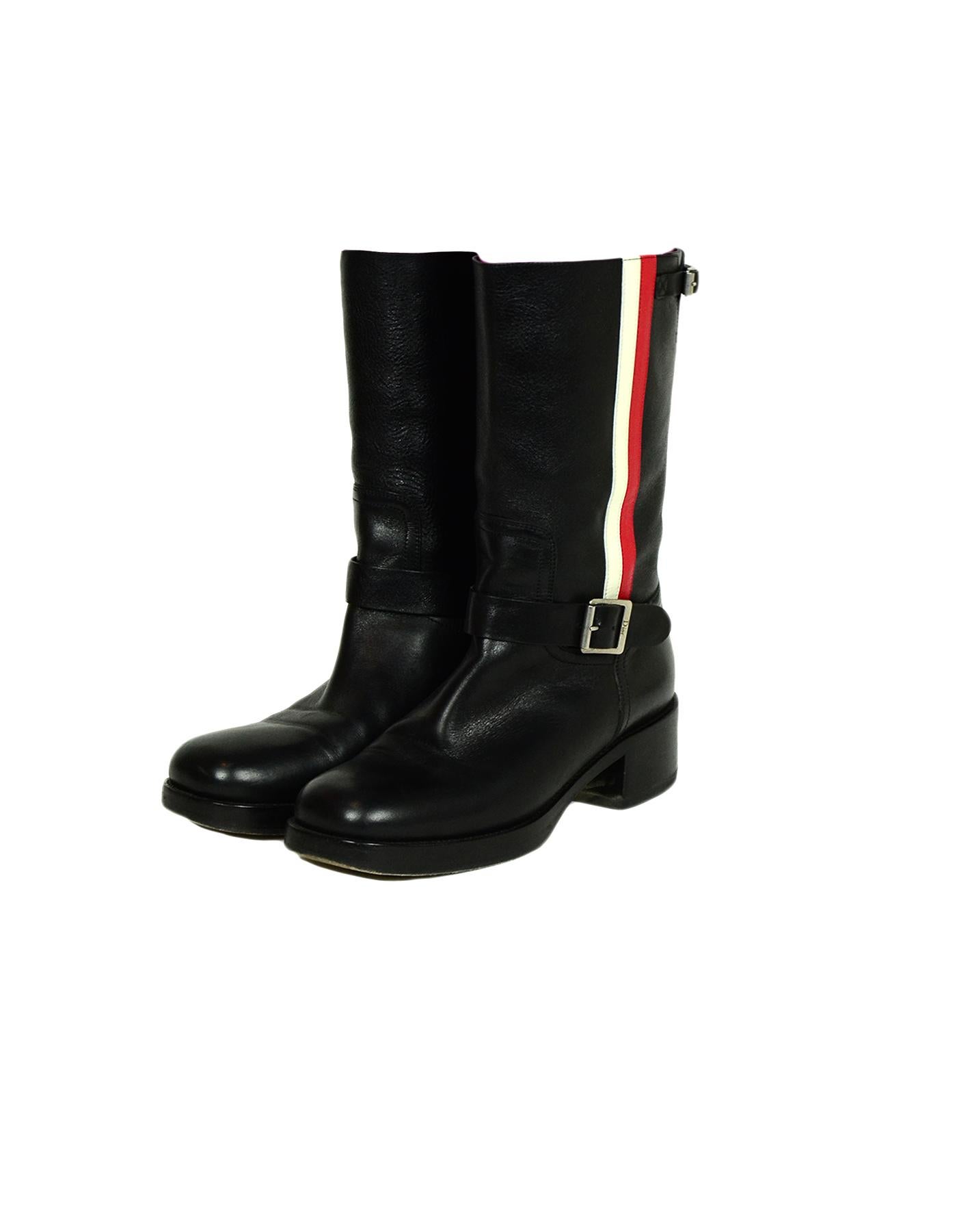 Christian Dior Black Leather Boots with Red & White Side Stripe sz 39

Made In: Italy
Year of Production: 2018
Color: Black, White, Red
Hardware: Silvertone
Materials: Leather
Closure/Opening: Slip-on with back and front buckles
Overall Condition: