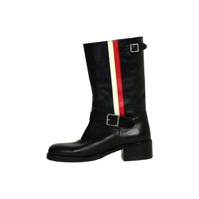 Christian Dior Black Leather Boots with Red & White Side Stripe sz 39