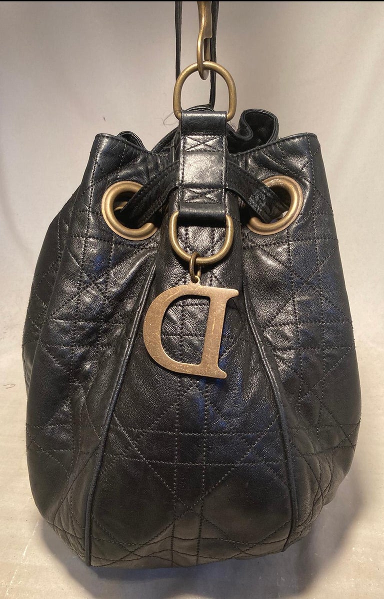 RAREAuth CHRISTIAN DIOR D Pendant Shoulder Bag Black Leather SHW Vintage