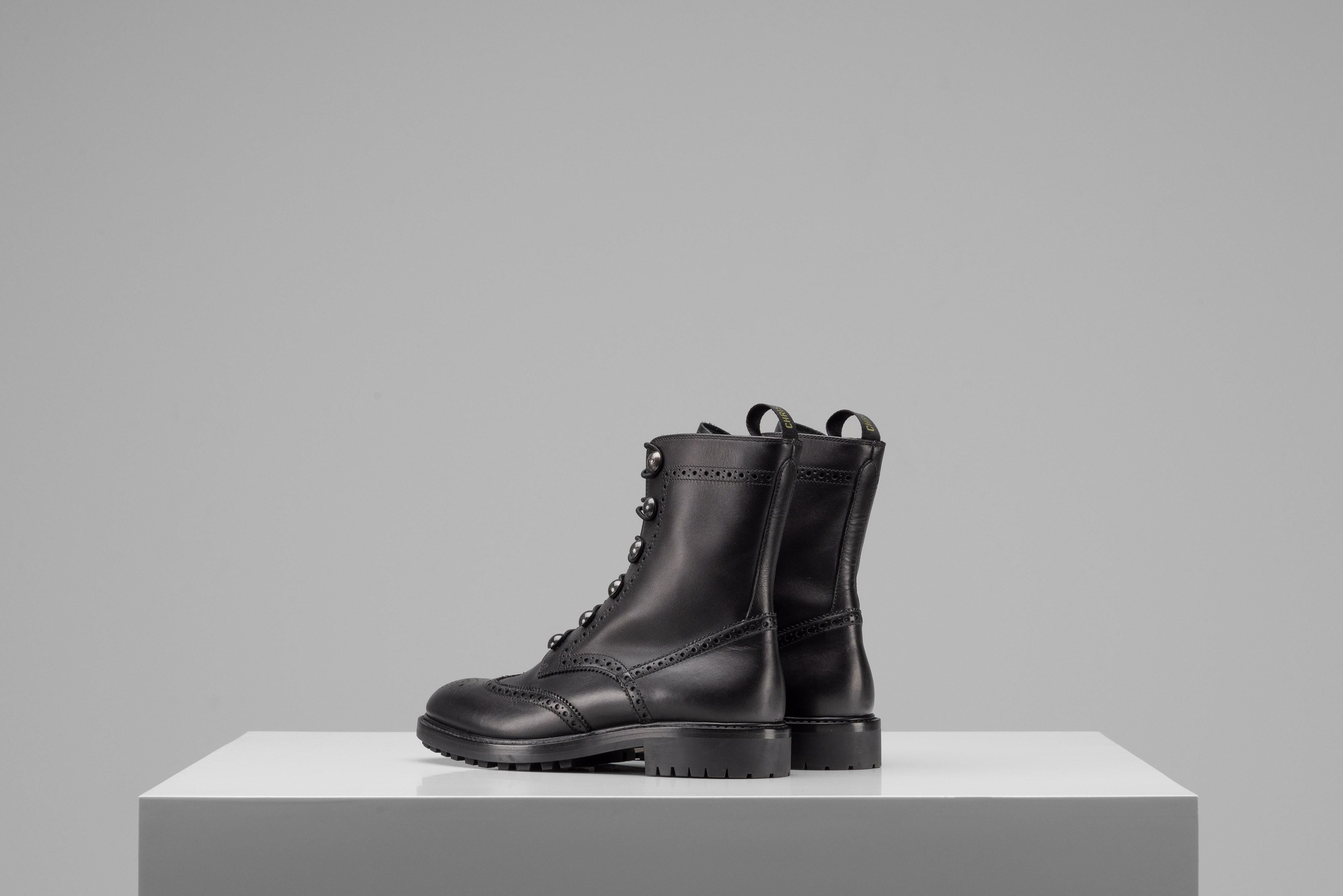 Christian Dior - Bottes de combat en cuir noir - Taille 40 en vente 3