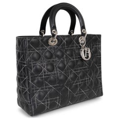 CHRISTIAN DIOR black leather CONTRAST STITCH LADY DIOR LARGE Tote Bag