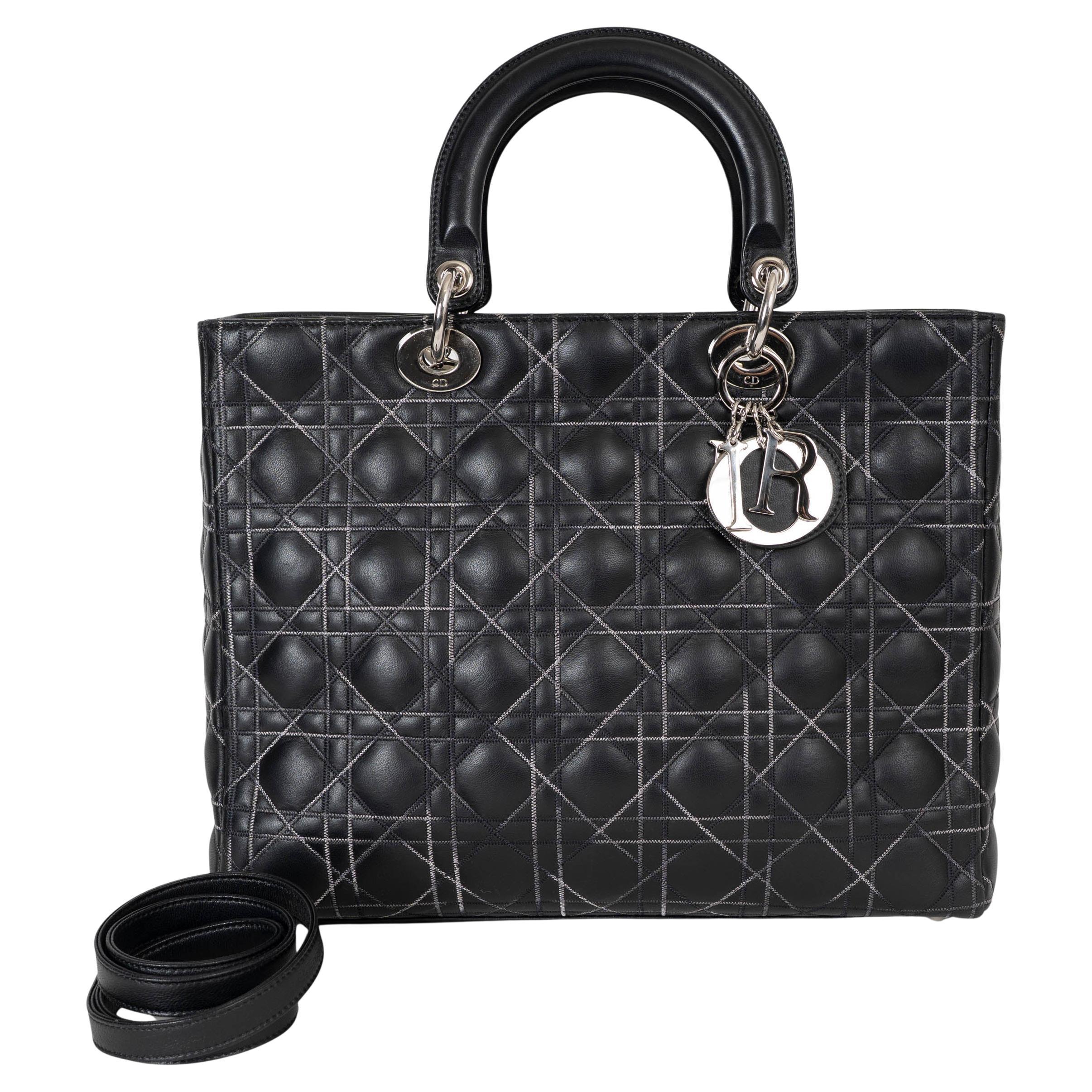 CHRISTIAN DIOR - Borsa grande LADY DIOR in pelle nera con cuciture a contrasto