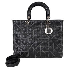 CHRISTIAN DIOR black leather CONTRAST STITCH LADY DIOR LARGE Tote Bag