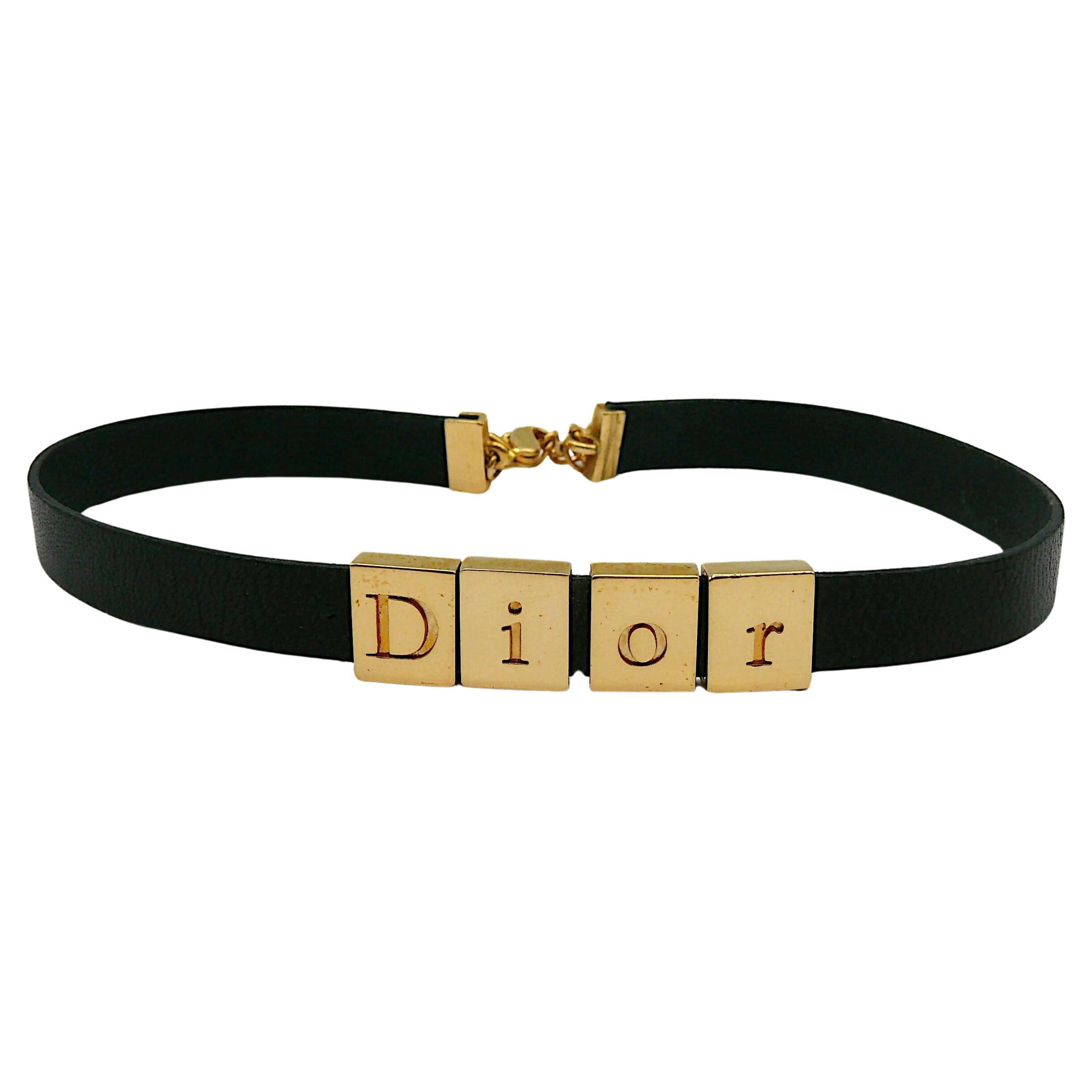 CHRISTIAN DIOR Black Leather D I O R Choker Necklace For Sale