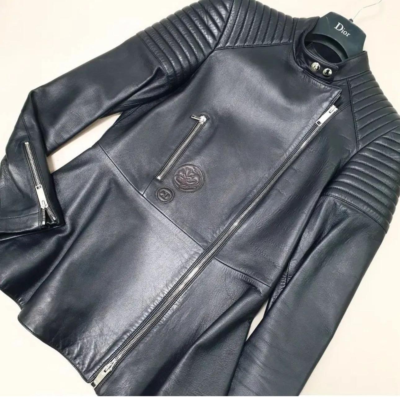 Women's Christian Dior Black Leather Flared Jacket  For Sale