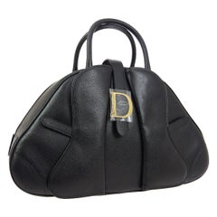 Retro Christian Dior Black Leather Gold 'D' Charm Logo Top Handle Satchel Tote Bag