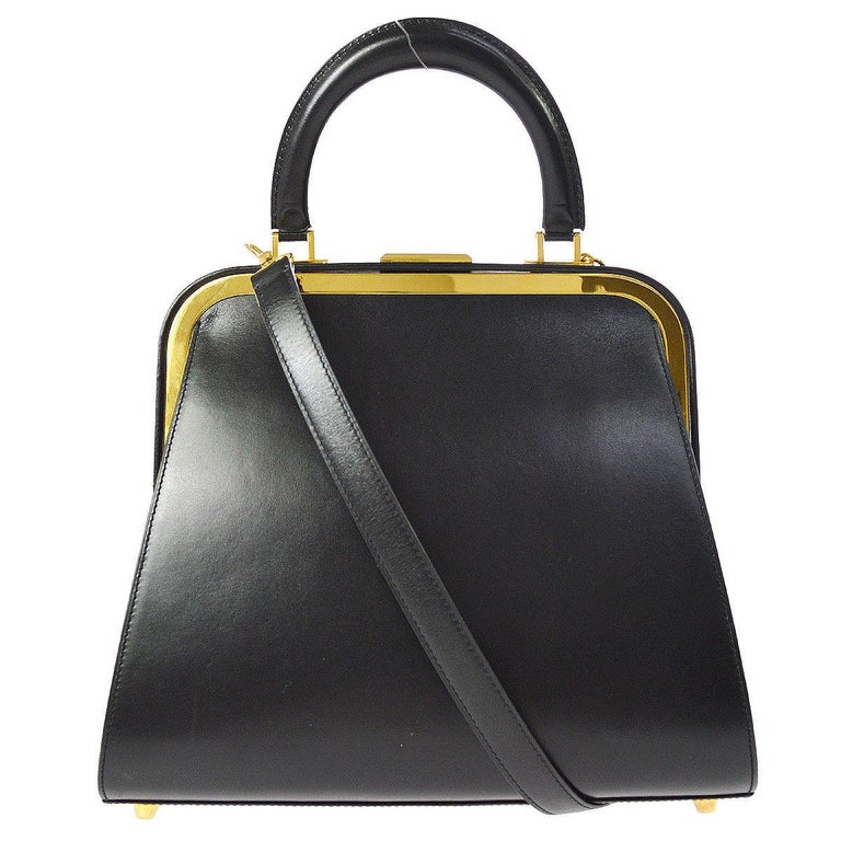 Christian Dior Black Leather Gold Top Handle Satchel Kelly Style