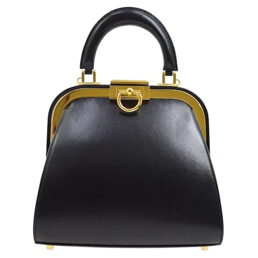 Christian Dior Black Leather Gold Top Handle Satchel Kelly Style Shoulder Bag