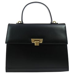Vintage Christian Dior Black Leather Kelly Style Top Handle Satchel Evening Flap Bag