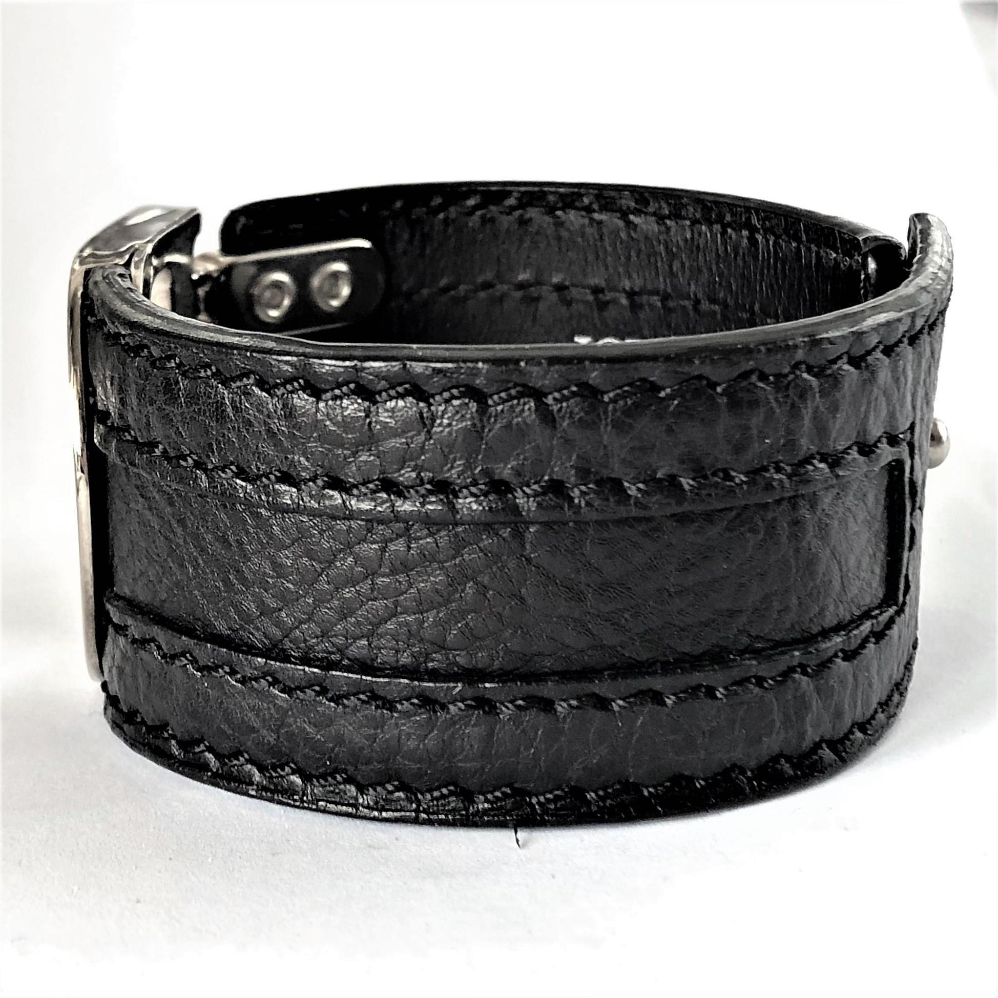 Modern Christian Dior Black Leather, Palladium Plated, Flight Buckle Cuff Bracelet