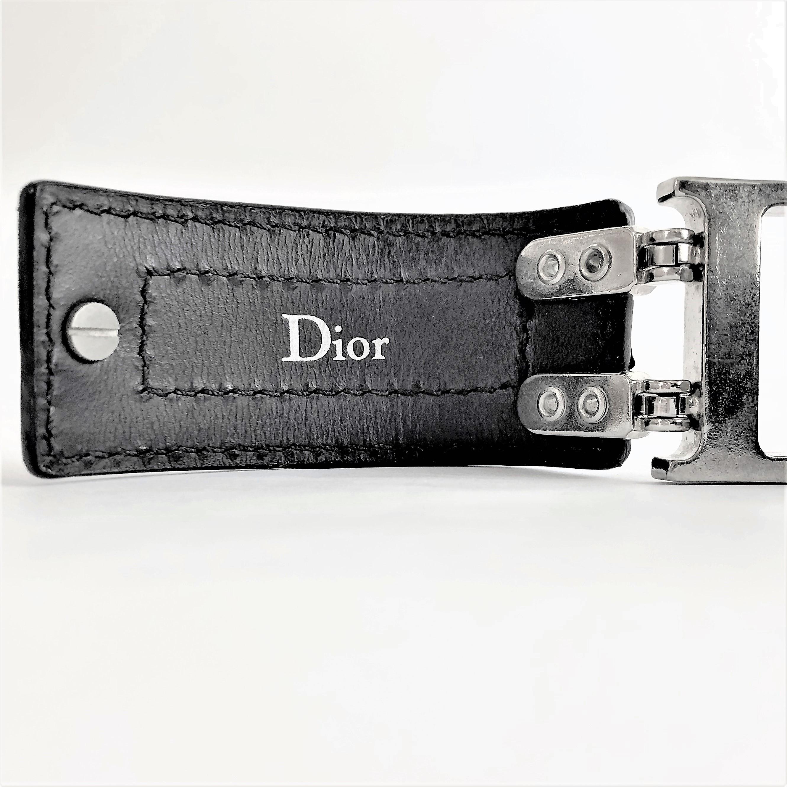 Women's or Men's Christian Dior Black Leather, Palladium Plated, Flight Buckle Cuff Bracelet
